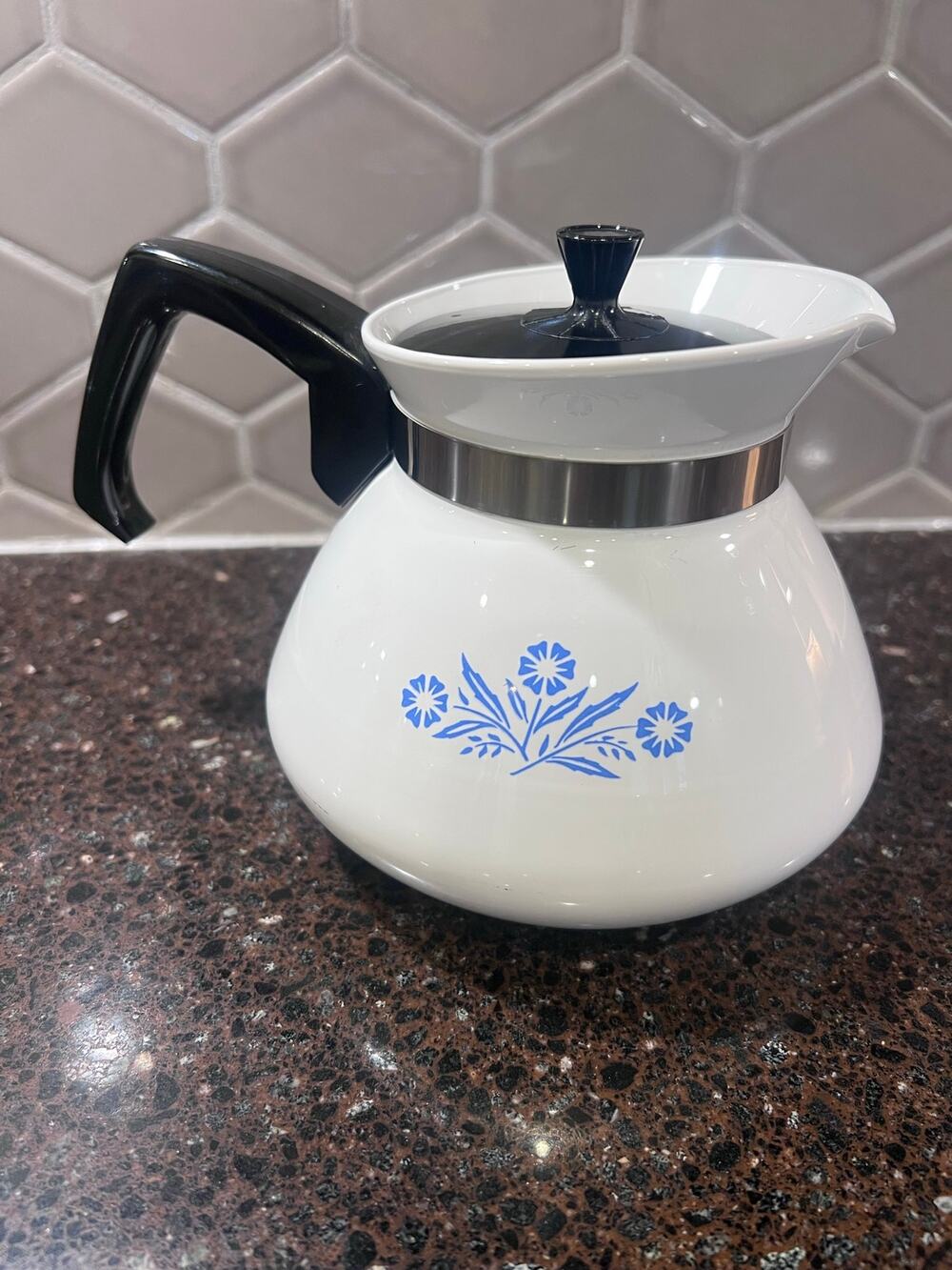 Corning Ware 6 Cup CorningWare Coffee Teapot Blue White Cornflower 1960s Vintage